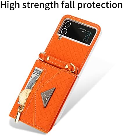 Флип калъф XIMAND за Z с чантата с цип, Оранжево калъф за мобилен телефон с каишка за Samsung Galaxy Z Flip 4 (Оранжев, Galaxy Z Flip 4)