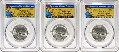 2022 Н, Д, С Четвърт американки Мая Angelou една Четвърт от МС 66 Роузи Лейбъл Комплект от 3 монети PCGS