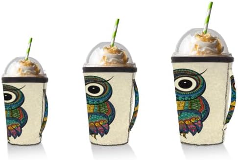 Многократно Кафе ръкав Ethnic Tribe Owl С лед с дръжка от неопрен за Напитки, кафе лате, Чай, Напитки, Бира (18-32 унция)