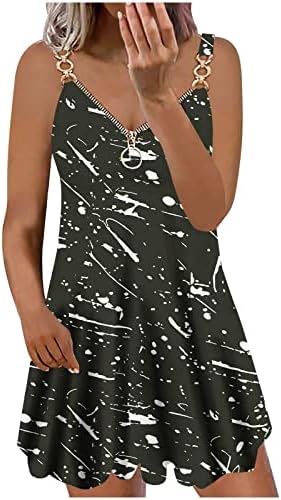 Lmdudan Midi-рокли за Жени 2023, Лятна Плажна Рокля Трапецовидна форма, с Модерен Принтом, Рокли-Ризи с цип, с V-образно деколте и рюшами на дъното