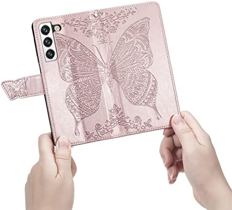 Чанта-портфейл DiGPlus Galaxy S22 Plus 5G, [С отпечатан във формата на пеперуда и цвете], една чанта-портфейл от изкуствена кожа, флип-надолу Защитно покритие за мобилен телефон