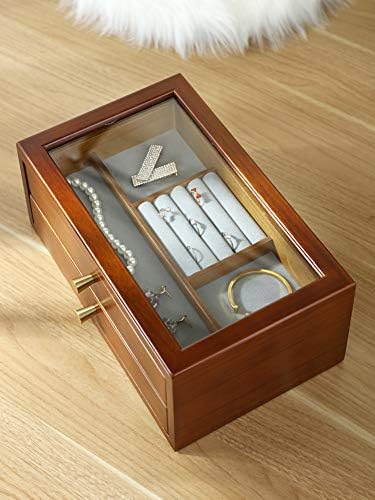 YQ WHJB Органайзер за Бижута със Стъклен плот с 2 чекмеджета, Двупластова Дървена Подарък Кутия За Бижута Кутия-Органайзер