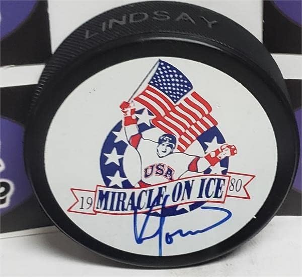 Хокейна шайба, с автограф от Кен Мороу (Олимпийское чудо 1980 г. в САЩ на лед) - за Миене на НХЛ с автограф