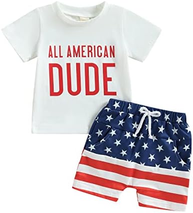 4 юли, Дрехи за новородени Момчета, Тениска с писмото принтом и къси Панталони с Флага, Комплект Летни дрехи