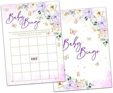 Играта DOQPO Butterfly Baby Shower, Лилаво Карта за бинго в стила на Baby Shower с цветя, Игри за партита с