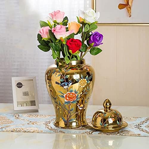 CNPRAZ Златни Керамични Вази, Кутии за Джинджифил с Капак за Дома, Вази за Сухи Цветя Традиционно Китайското