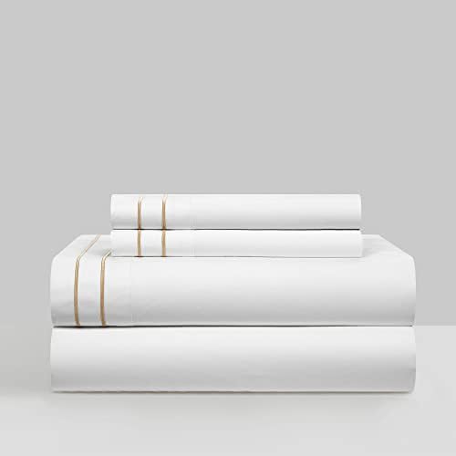 Комплект чаршафи от памук Chic Home Valencia, състоящ се от 4 теми, Монофонични Бяло с бродерия в две ленти