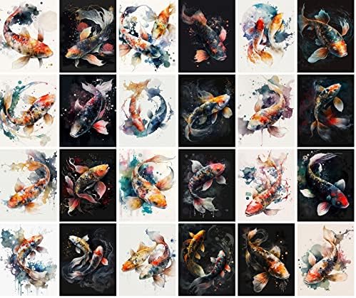 Големи етикети 24 бр (2,5 x 3,5Всяка Риба Япония Акварел Стари пощенски Картички Книгата илюстрации Отпечатване