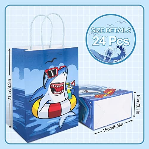 Whaline 24 Опаковки Чанти за парти с акули с дръжки, Подаръчни пакети с участието на Акула, Хартиени торби за