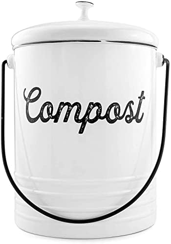 Кофа кофа за компост от бели Емайлирани съдове AuldHome, Селска Контейнера за компост, с капак и въглероден