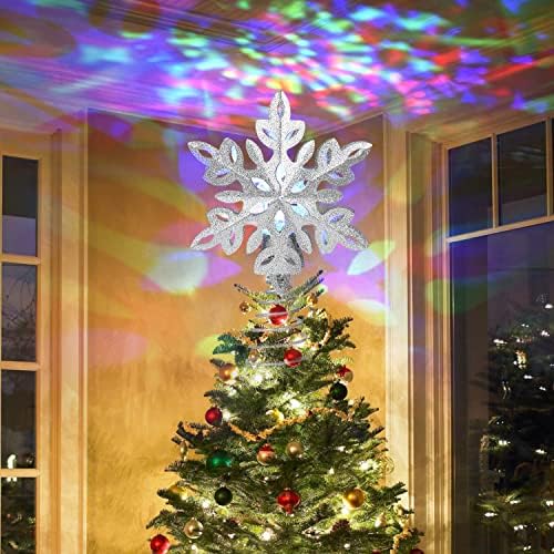 Проектор-Topper за Коледната Елха във формата на Снежинки Lvydec, Звезда от Topper за Сребърна Елха на Батерии с Цветни Въртяща Проектор Magic Ripple за Украса на Коледната Елха