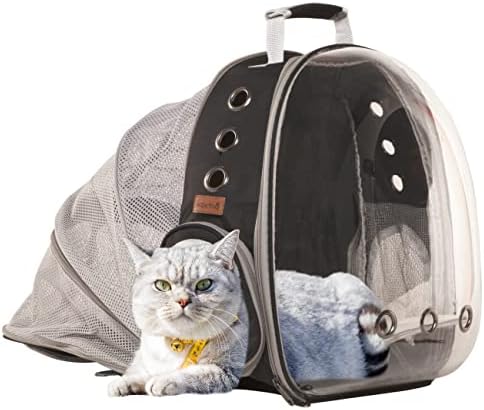 XZKING Раница за котки Bubble Cat Dog Bookbag Carrier, Раница за котки Bubble, Одобрен от авиокомпанията за пътуване, Излети на открито (черен, с възможност за разширяване)