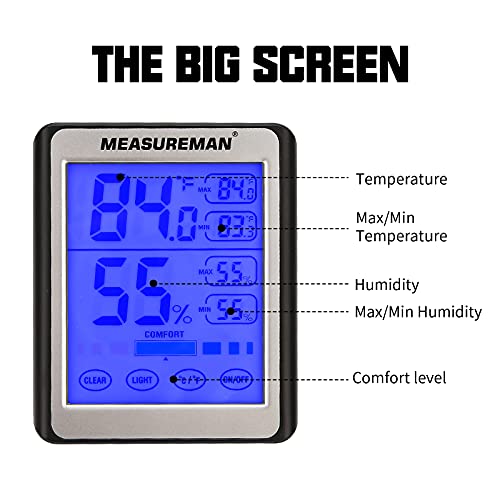Дигитален Термометър и Влагомер MEASUREMAN за помещения с датчик за влага с чувствителен на допир LCD подсветка,