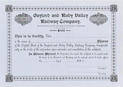 Gaylord and Ruby Valley Railway Co. - Склад за сертификат