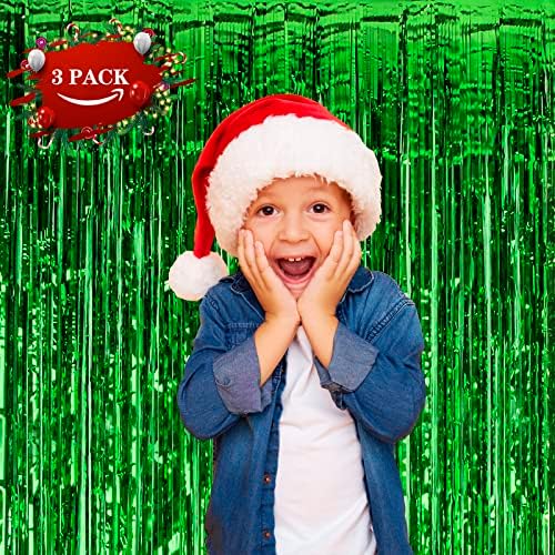 LOLStar 3 Опаковане на Коледни Пердета с Ресни от Фолио, Украса за Коледното парти, 3,3X6,6 фута, Зелена Завеса