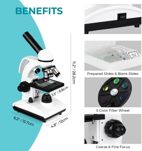 Микроскопи Tuword за деца, Студенти и възрастни, 40X-1000X Микроскоп с Оптични Стъклени Лещи за училище и у