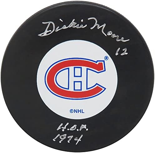 Дики Мур подписа хокей шайба с логото на Монреал Канадиенс w/HHOF 1974 - за Миене на НХЛ с автограф