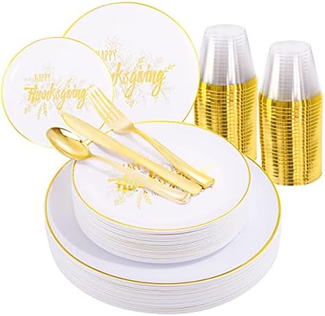 Златни чинии за Деня на Благодарността BUCLA 150ШТ с Еднократно Пластмасово Столовым Сребърно - Бяла и Златна