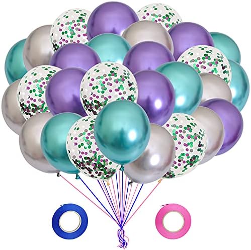 Балони за партита в стил Русалка, Зелени, Лилави и Сребристи Метални топки с Конфети, Прозрачни Блестящи Декорации,