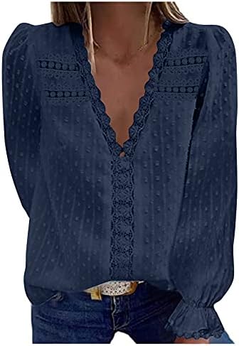 UQRZAU/ Жена Топ с дълъг ръкав 2023, Модни Лейси Блуза с V-Образно деколте, Шифоновая Тениска, Пролетни Блузи