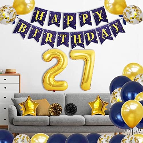 Украса за парти на 27-ия рожден ден yujiaonly - Златни Банер честит Рожден Ден, балони с 27-ми номер, Колан