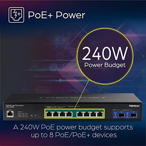 TRENDnet 10-портов мультигигантный web Smart switch PoE +, 8 порта PoE +, с поддръжка на 2,5 GBASE-T, 2 слота