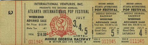 Джими Хендрикс поп-фестивал в Атланта 1970 Билет за концерт на Procol Harum Winter