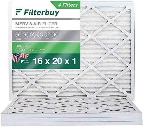 Filterbuy Въздушен филтър 16x20x1 за защита от прах MERV 8 (4 бр.), плисе заменяеми въздушни филтри за печки