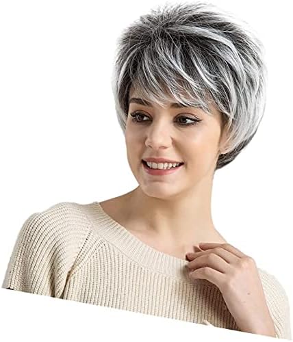 Преносимото перука за коса XZGDEN, женски кратък права перука 10 инча, естествен шик синтетичен сива перука